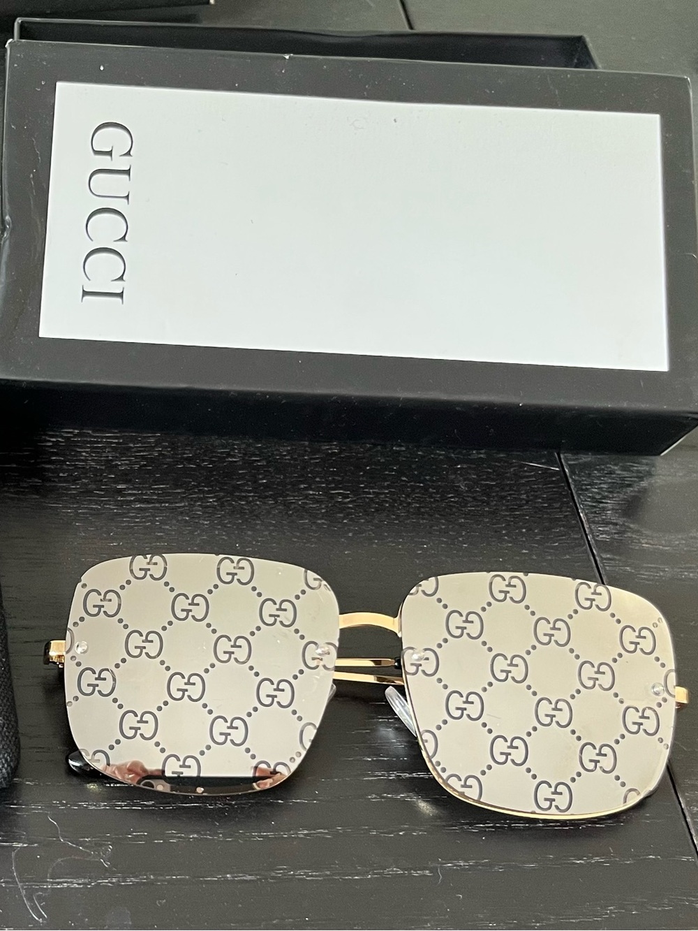Gucci-Like Monogram Square Sunglasses - Gold Frame, Mirrored Beige Lenses